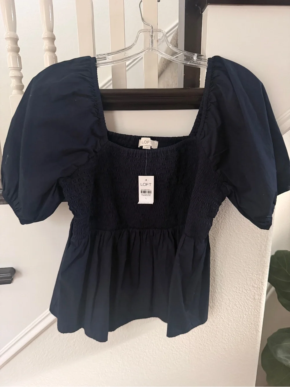 LOFT Navy Puff Sleeve Smocked Peplum Top